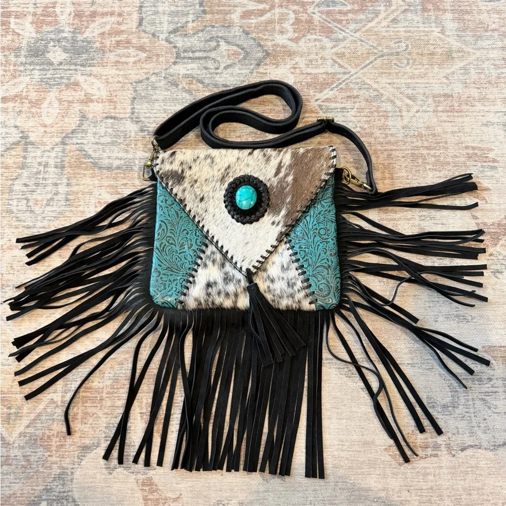 Turquoise Accent Cowhide Tooled Fringe Crossbody Bag - Picture 1 of 9